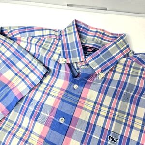 Vineyard Vines Men's Tucker Shirt Pink Blue Plaid Short Sleeve 100% Cotton Large